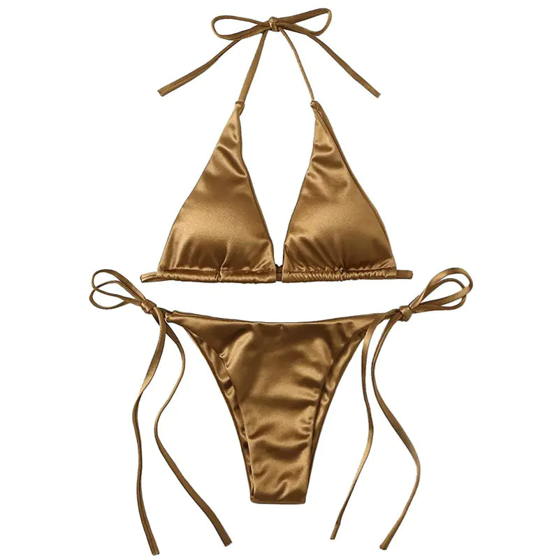 Metallic Halter Top Two-Piece Bikini Beachwear Set