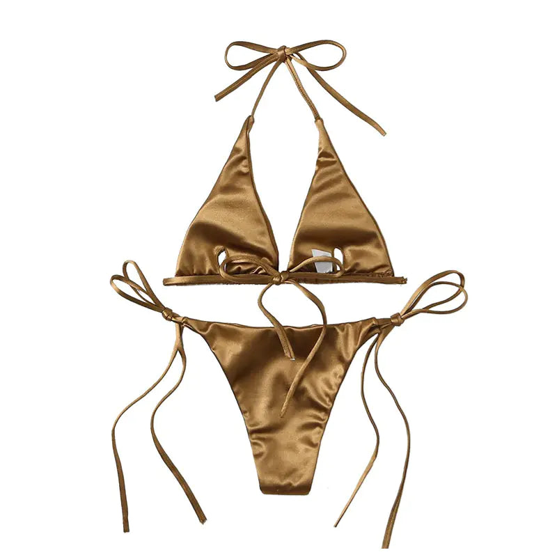 Metallic Halter Top Two-Piece Bikini Beachwear Set